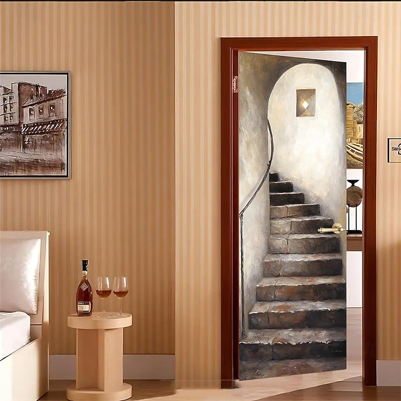 Door Cover Outdoor Banners Stone Stairway Vintage Rustic Cottagecore Mediterranean Party Bedroom Living Room Front Door Wall Porch Home Decor3