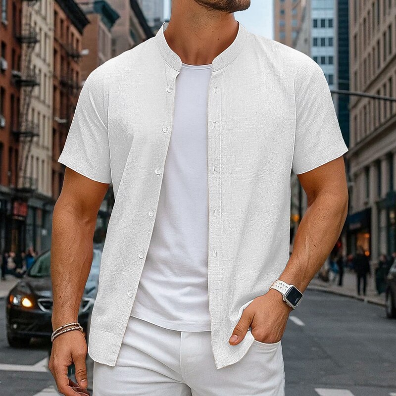 Men's Shirt Linen Shirt Summer Shirt Beach Wear Band Collar Shirt Button Up Shirt Plain Vacation Curise Black White Orange Gray Short Sleeve Mandarin Collar Summer Clothing Apparel2