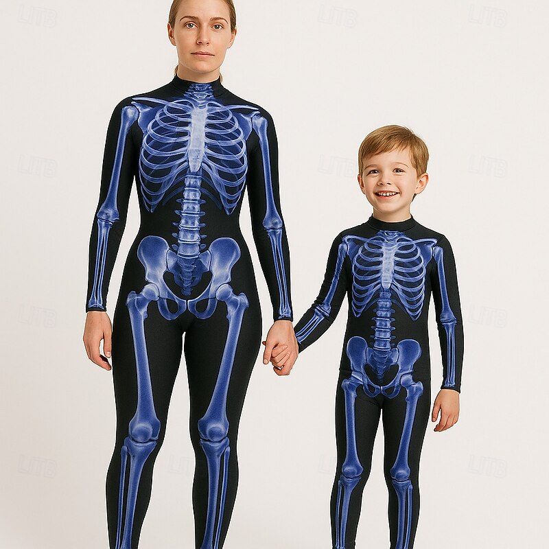 Family Halloween Jumpsuit Skull Halloween pattern Street Print White Yellow Light Red Long Sleeve Matching Outfits