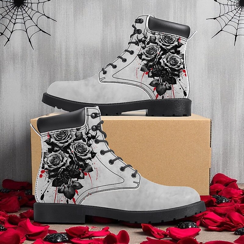 Men's Skull and Red Rose Combat Boots – Gothic Punk Lace-Up Ankle Boots for Halloween, Cosplay, Parties and Streetwear