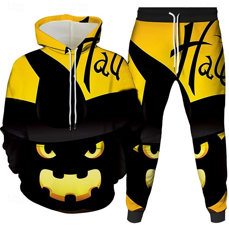 Halloween Men's Witch Castle 2pcs 3D Sweatshirt Sets Tracksuit Hoodie Sweatshirt Long Sleeve Long pants Hooded Casual Daily Athleisure Festival Wear 3D Print Graphic Spring Fall Winter Black Yellow2