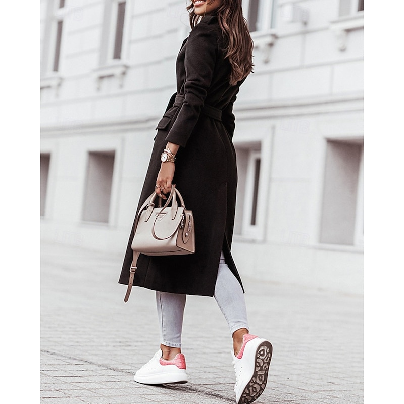 Women's Coat Trench Coat Warm Comfortable Pocket Fashion Modern Casual Plain Going out Weekend Single Breasted Long Turndown Regular Fit Long Sleeve Outerwear Black White Khaki Winter3