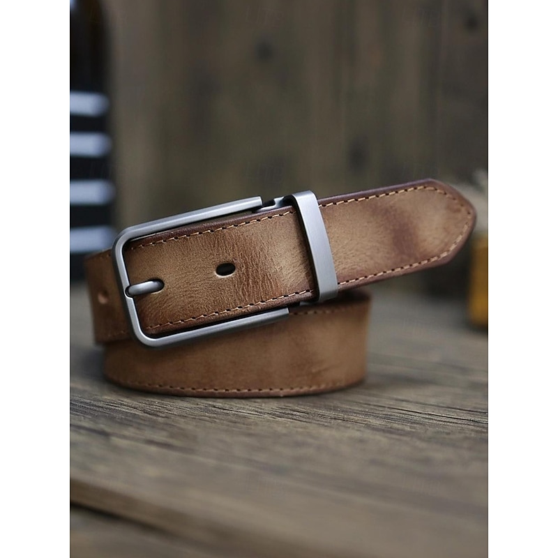 Men's Genuine Cowhide Leather Belt – Vintage Brown Strap with Matte Alloy Pin Buckle, Adjustable for Jeans, Work, Business Casual & Everyday Wea