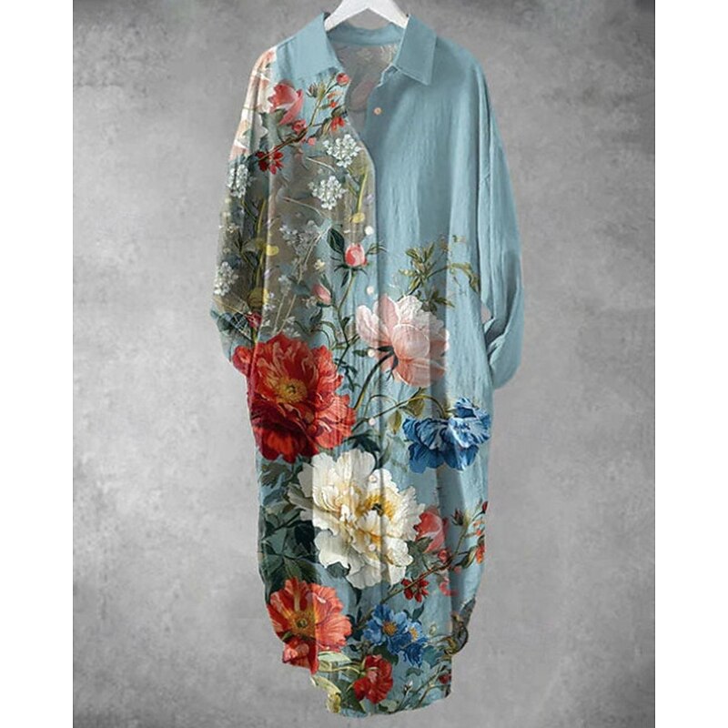 Women's Midi Dress Shirt Dress Casual Dress Fashion Modern Daily Beach Weekend Regular Fit Flower Long Sleeve Shirt Collar White Pink Red Blue Spring Fall
