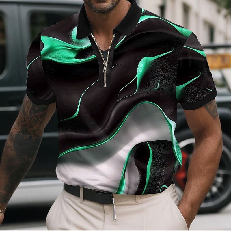 Men's Geometic Line Zip Polo Shirts Short Sleeve Polo Shirts Collared Shirts Casual Athleisure Daily Wear 3D Print Summer Yellow Blue Orange3