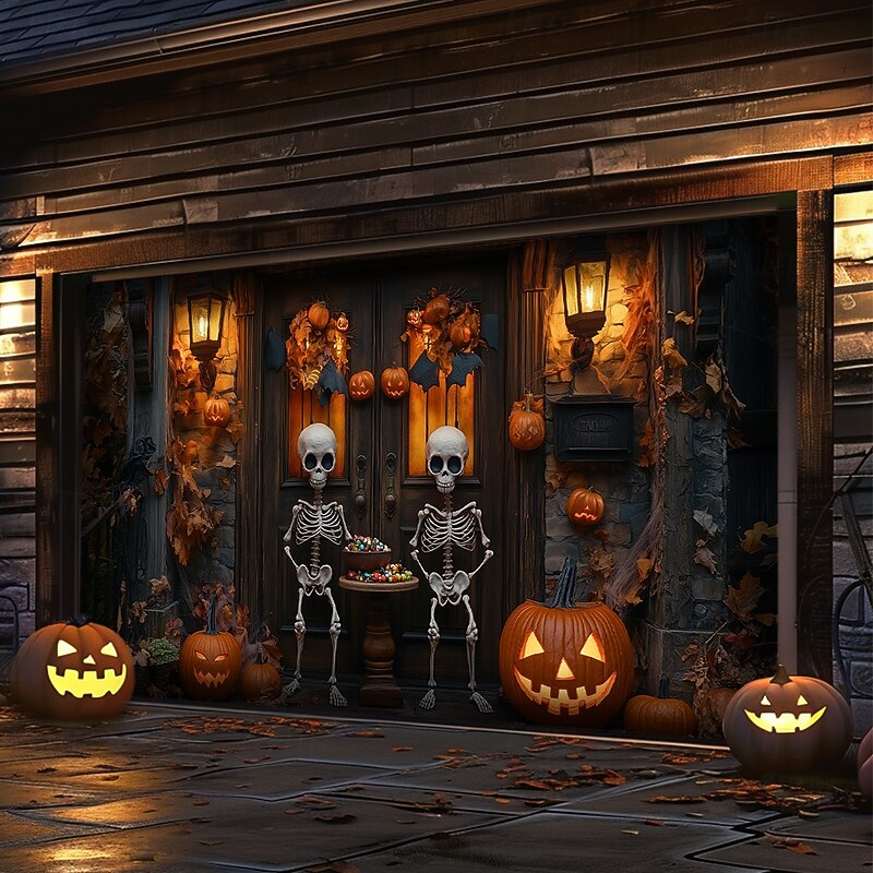 Halloween Garage Door Cover Large Hanging Backdrop Skeleton Pumpkin 3D Dark Punk Gothic Style Party Outdoor Shooting Backgrounds Front Door Home Decor3