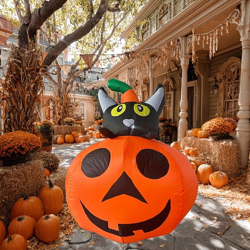 1 Pc 1.3M Halloween Smiling Pumpkin Black Cat Combo with LED Inflatable Air Model Indoor and Outdoor Courtyard Lawn Party Halloween Festival Atmosphere Decorative Light EU/US/UK/AU Plug4