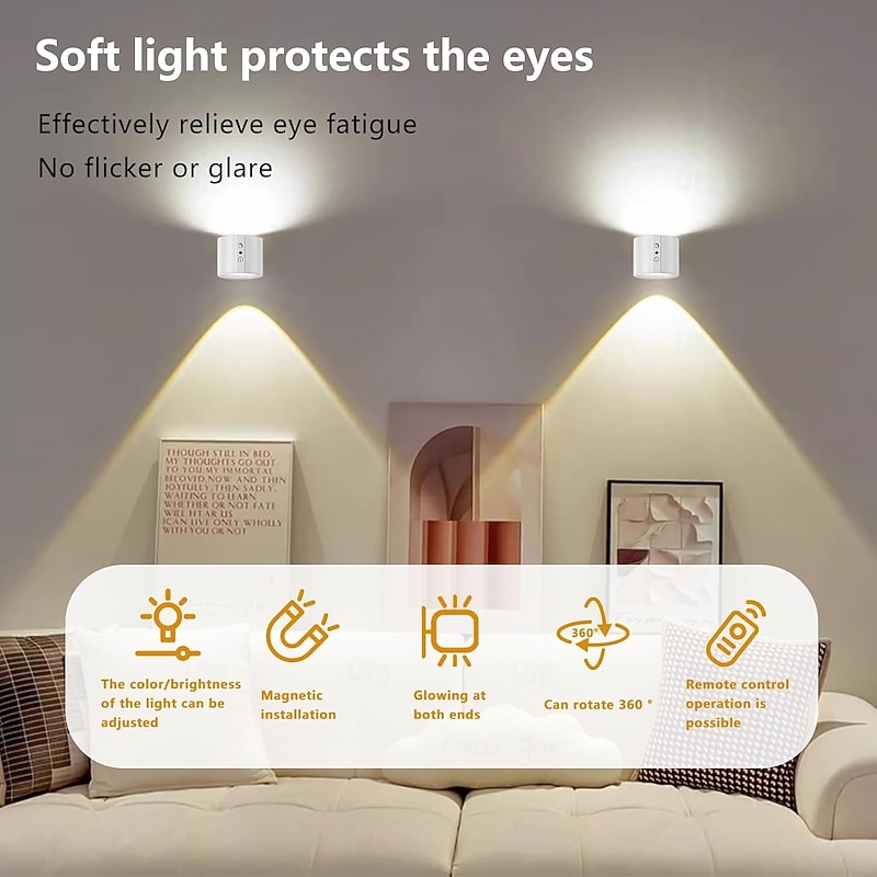 LED Magnetic Wall Sconce Lights Night Lights 1 PC, 3 Color Temperatures & Dimmable,360 Rotation Cordless Wall Mount Lamp with Remote for Bedroom Reading Study Bedside4
