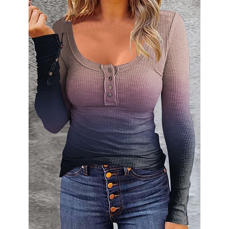 Women's Blouse Ombre Stylish Casual Long Sleeve Scoop Neck Regular Tops Daily Buttons Print Pink Blue Purple Green Spring Fall Winter2
