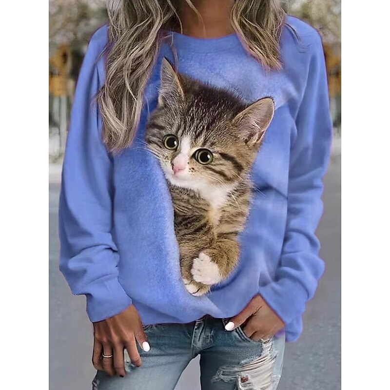 Women's Pullover Sweatshirt Graphic Animal Cat Casual Long Sleeve Crew Neck Regular Tops Street Casual Holiday Print Pink Blue Purple Orange Green Spring Fall Winter3