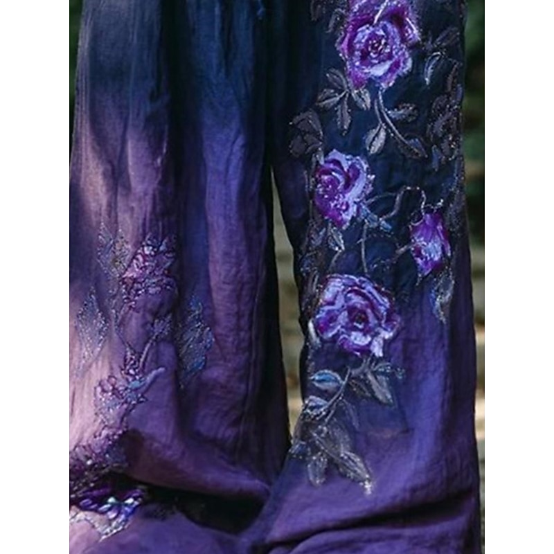 Women's Wide Leg Pants Trousers Palazzo Pants Fashion Full Length High Waist Flower Drawstring Pocket Elastic Waist Breathability Comfortable Street Daily Wear Going out Violet Spring Fall Regular Fit3