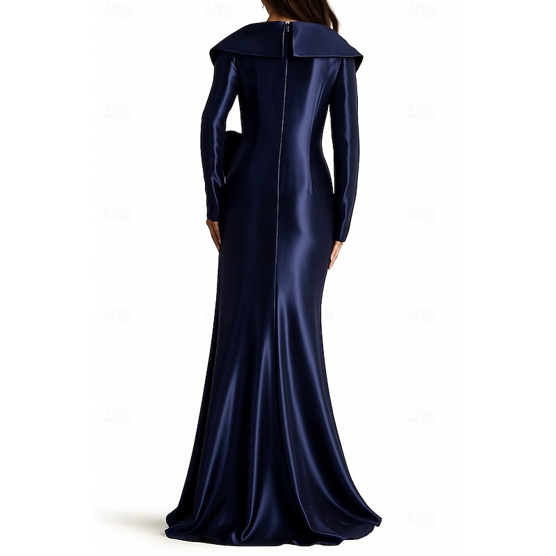 Blue Red A-Line Evening Gown Elegant Dress Formal Wedding Floor Length Long Sleeve Lapel Pocket Stretch Satin with Glitter Bow(s) 20252