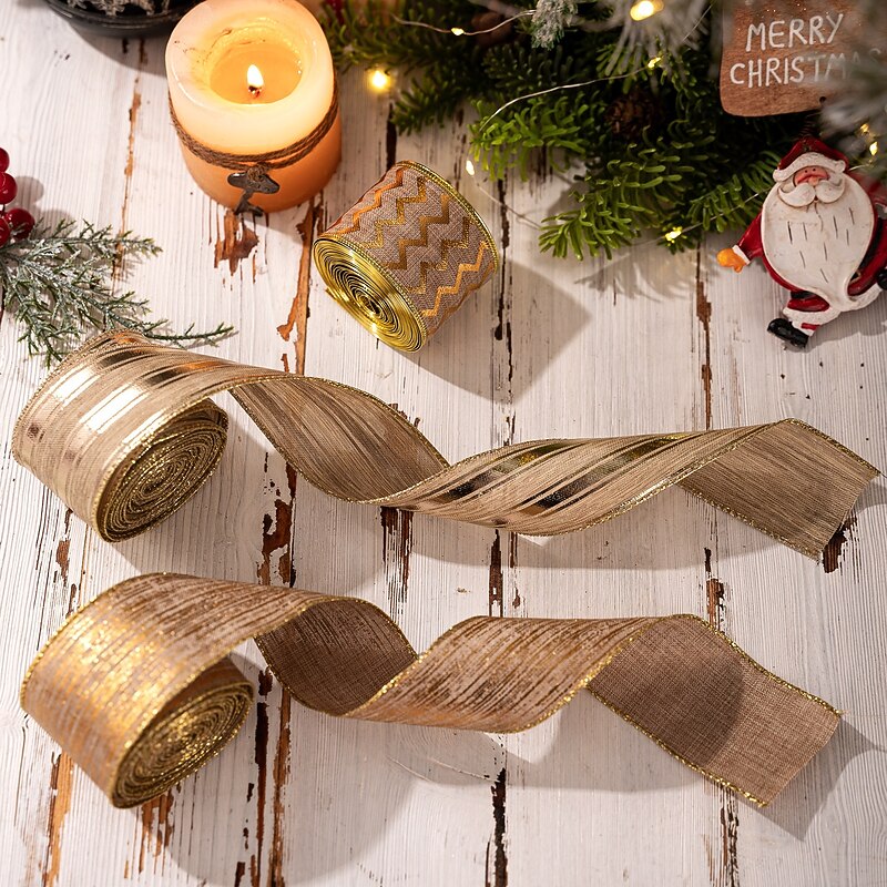 3 Rolls Christmas Wired Ribbons, Burlap Holiday Ribbon for Christmas Tree, Wreaths, Garland, Gift Wrapping, DIY Craft Decorations, Festive Party Table Decor, Rustic Xmas Ribbon Set2