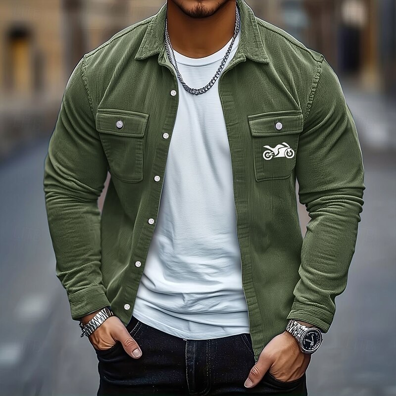 Men's Motorcycle Corduroy Shirt Shirt Jacket Overshirt Long Sleeve Casual Outdoor Dailywear Fall Winter Turndown Button-Down Warm Jacket with Flap Pockets Black Blue Green Khaki Gray4