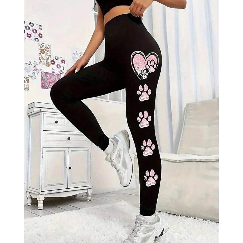 Women's Pants Trousers Leggings Cozy Leggings Streetwear Casual Full Length High Waist Heart Elastic Waist Print Breathability Comfortable Stretchy Vacation Street Daily Wear Black Summer Spring Fall2