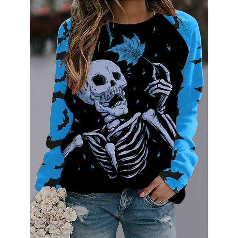Halloween Women's Pullover Sweatshirt Skulls Graphic Fashion Casual Long Sleeve Crew Neck Regular Tops Street Dailywear Casual Print Blue Purple Orange Green Fall Winter2