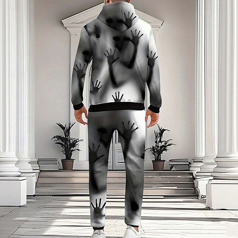 Halloween Men's Hand 2pcs 3D Sweatshirt Sets Tracksuit Hoodie Sweatshirt Long Sleeve Long pants Hooded Casual Daily Horror Athleisure 3D Print Spring Fall Winter Grey3
