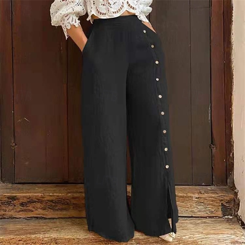 Women's Wide Leg Pants Trousers Palazzo Pants Fashion Streetwear Full Length High Waist Plain Elastic Waist Side Button Breathability Comfortable Street Daily Wear Going out Navy Blue Apricot Summer2