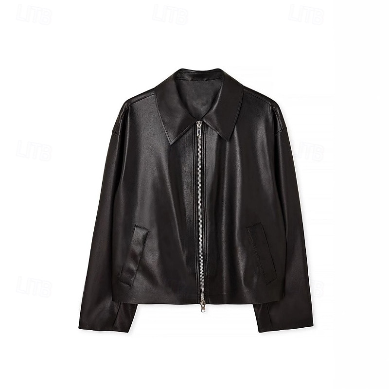 Women's Faux Leather Jacket Casual Jacket Comfortable Zipper Fashion Plain Going out Casual Daily Zipper Regular Turndown Regular Fit Long Sleeve Outerwear Black Fall Winter3