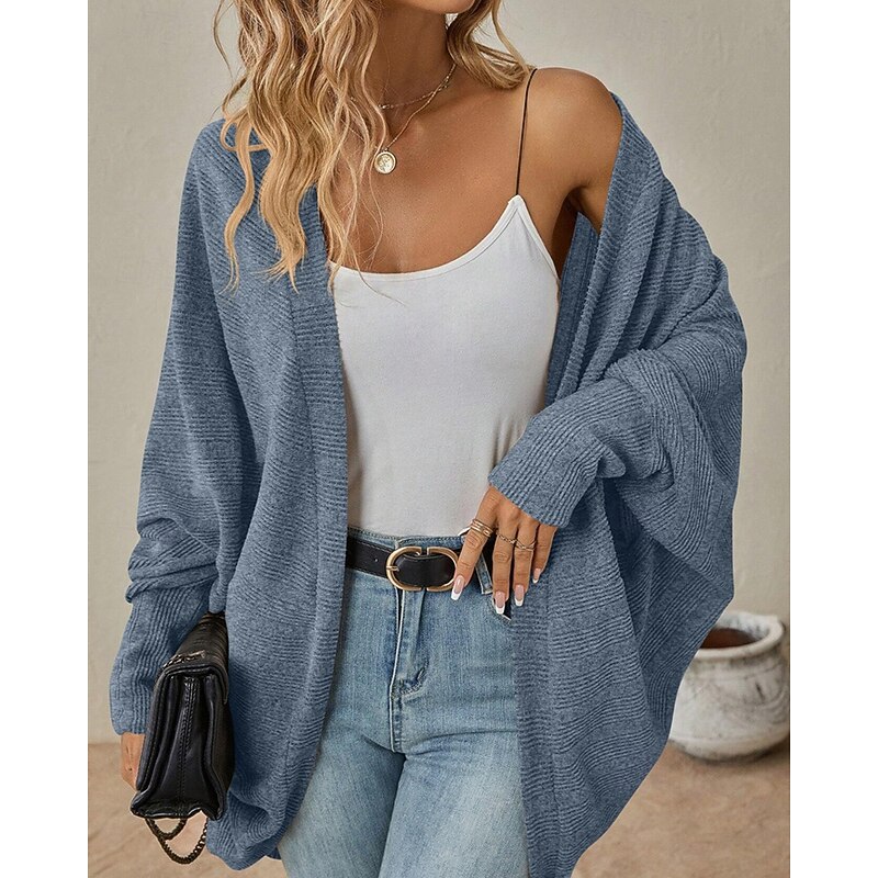 Women's Sweater Cardigan Fashion Streetwear Daily Solid Color Ribbed Open Front Knitted Long Sleeve Regular Tops Knit Holiday Going out Weekend Black Pink Fall Winter2