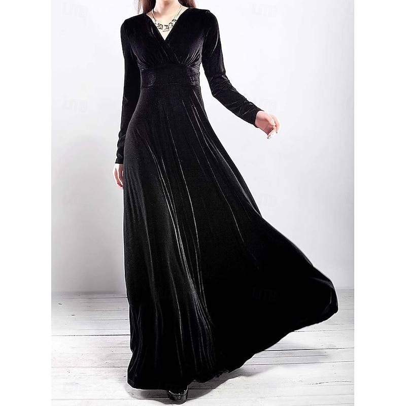 Women's Maxi Dress Sheath Dress A Line Dress Fit And Flare Dress Party Birthday Formal Wedding Party Wedding Guest Regular Fit Plain Long Sleeve V Neck Black Red Purple Spring Fall Winter Autumn