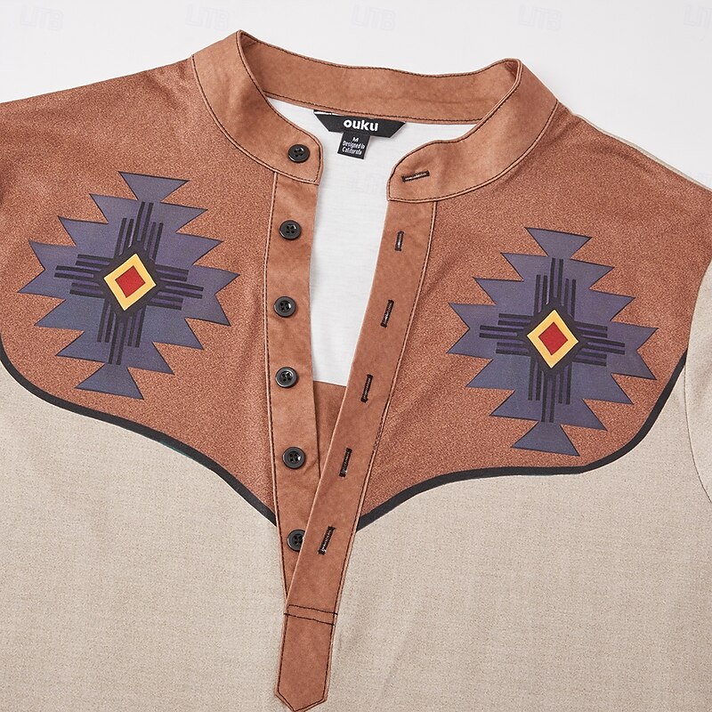 Men's Aztec Cowboy T Shirt Henley Shirt Long Sleeve 3D Print Designer Retro Vintage Western Style Street Casual Daily Summer Spring Fall Black Brown Green Gray Henley Henley T-Shirt3