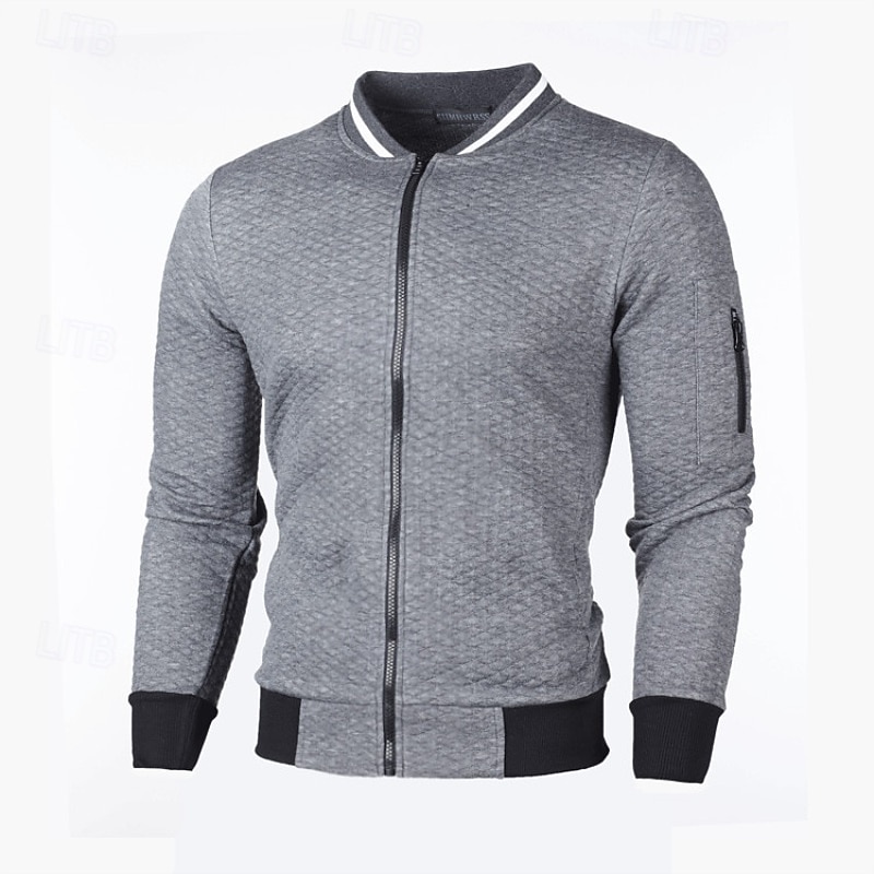 Men's Sweatshirt Full Zip Sweatshirt Black White Burgundy Navy Blue Light Grey Standing Collar Plain Textured Sports & Outdoor Casual Daily Streetwear Cool Sportswear Spring &  Fall Clothing Apparel