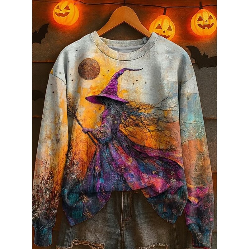 Halloween Women's Sweatshirts Witch Graphic Fashion Casual Long Sleeve Crew Neck Regular Tops Street Dailywear Casual Print White Pink Blue Purple Orange Fall Winter3