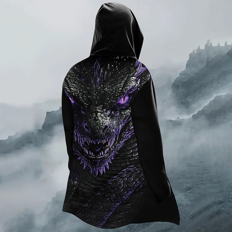 Men's Dragon Winter Coat Fleece Jacket Coat Thermal Warm Comfortable Casual Street Daily Wear Zipper Pocket 3D Print Fall Winter Hooded Long Sleeve Red Blue Amethyst3