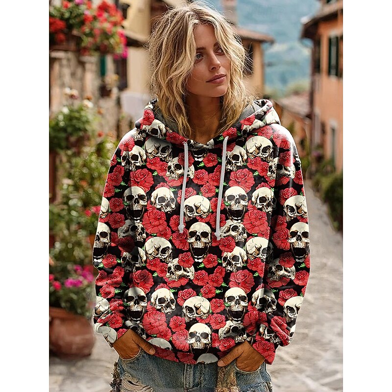 Halloween Women's Hoodie Pullover Sweatshirt Oversized Long Sleeve Casual Skulls Graphic Abstract Fashion Print Hooded Regular Tops Street Dailywear Drawstring Print White Fall Winter4