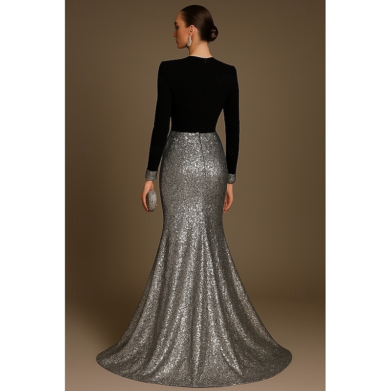 Black Mermaid / Trumpet Evening Gown Elegant Dress Formal Wedding Floor Length Half Sleeve V Neck Sequined with Glitter 20253