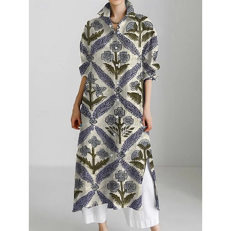 Women's Midi Dress Shirt Dress Casual Dress Fashion Modern Daily Holiday Weekend Regular Fit Floral Graphic 3/4 Length Sleeve Shirt Collar Pink Khaki Gray Summer Spring Fall2