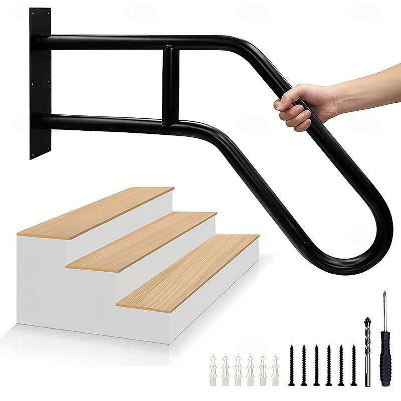 Matte Black Modern U-shaped 1pc Metal Handrail For Outdoor Steps, Wall-Mounted Safety Staircase Grab Rail, Modern Entryway Railing, With Plate Thickness And Installation Hardware