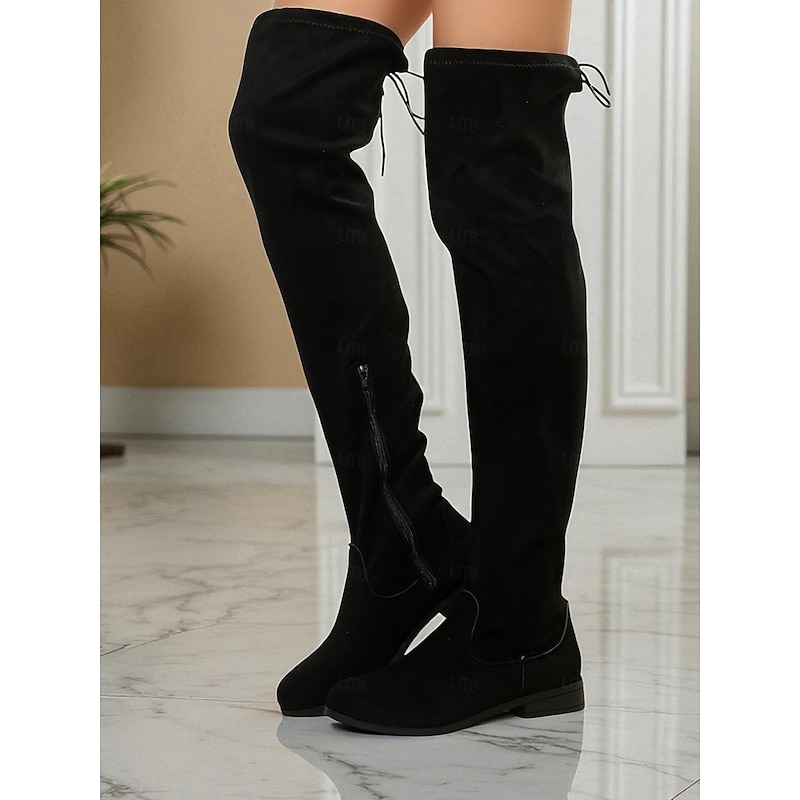 Women's Black Over the Knee Boots – Suede Flat Thigh High Boots with Side Zipper and Tie Back, Casual Fall Winter Shoes for Walking, Travel and Daily Wear