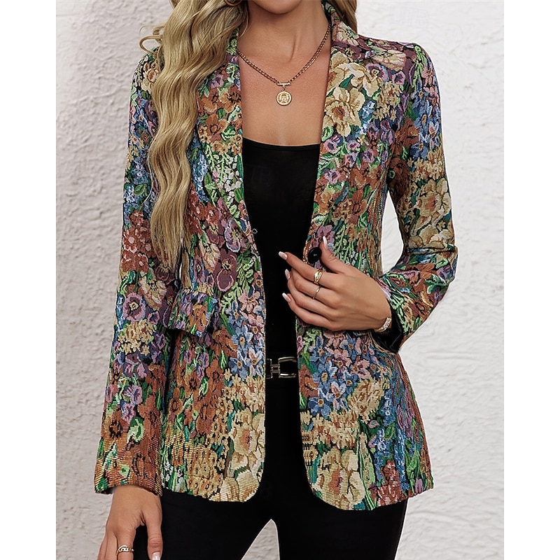 Women's Blazer Comfortable Pocket Print Elegant Fashion Outdoor Flower Going out Casual Daily Weekend Cardigan Regular Lapel Regular Fit Long Sleeve Outerwear Yellow Spring Fall2