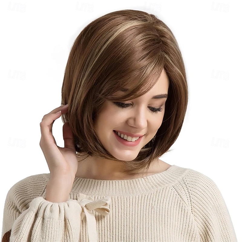 Bob Wig with Bangs for Women Short Brown Straight Bob Wigs Shoulder Length Heat Fiber Hair Wigs Cosplay Wig for Girl