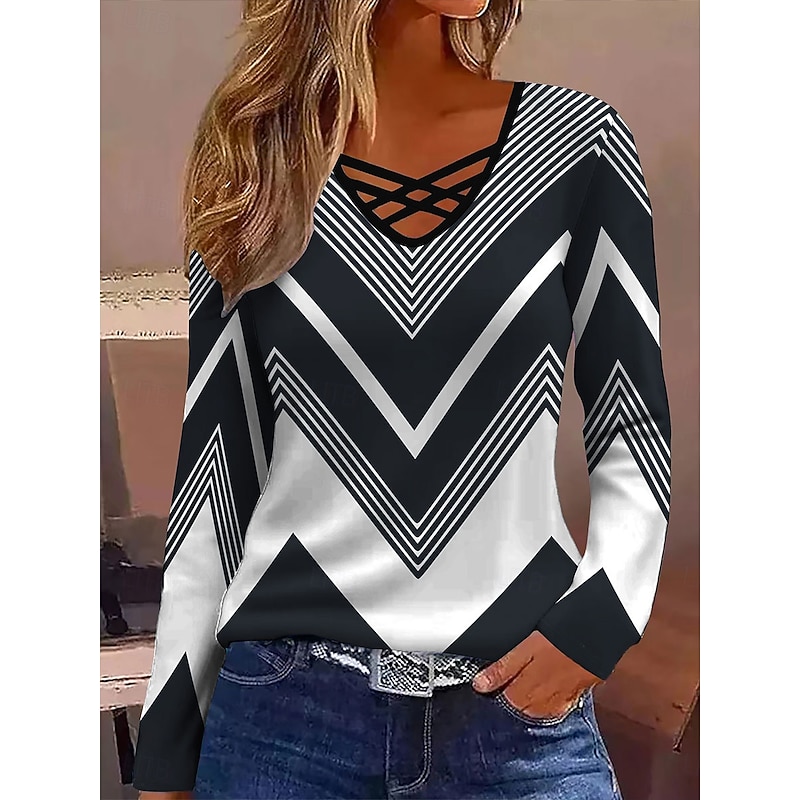 Women's T Shirt Graphic Geometry Vintage Stylish Classic Long Sleeve V Neck Regular Tops Daily Cut Out Print White Pink Blue Green Spring Fall