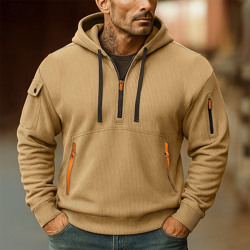 Men's Hoodie Corduroy Quarter Zip Hoodie Fleece Hoodie Tactical Hoodie Black White Red Blue Khaki Hooded Plain Zipper Sports & Outdoor Casual Daily Streetwear Cool Sportswear Spring &  Fall Clothing