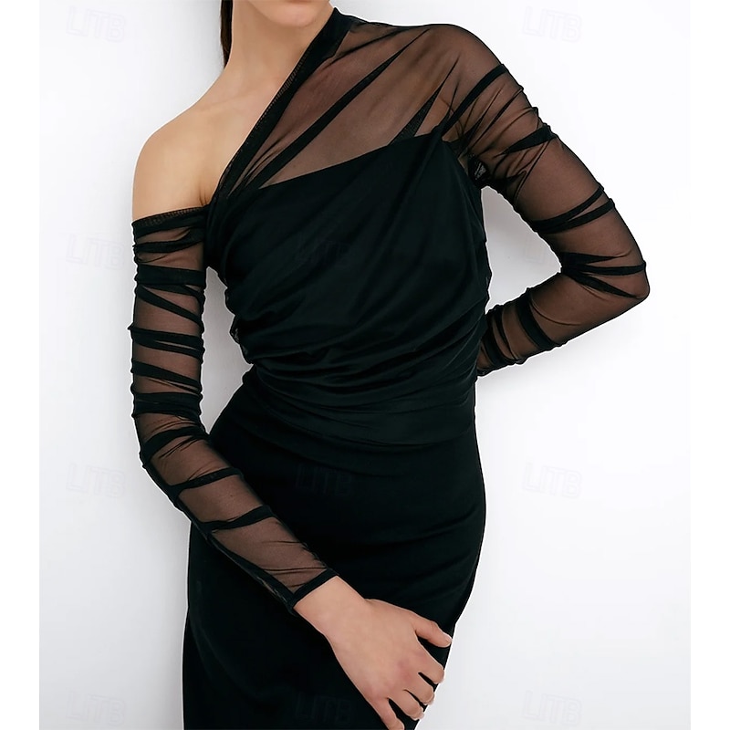 Black Mermaid / Trumpet Sheath / Column Evening Gown Elegant Dress Formal Wedding Floor Length Long Sleeve One Shoulder Tulle with Ruched 20252