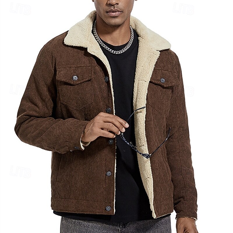 Men's Winter Jacket Corduroy Jacket Fleece Jacket Casual Jacket Vacation Daily Thermal Warm Pocket Fleece Fall Winter Plain Fashion Streetwear Lapel Regular Black Brown Green Coffee Jacket4