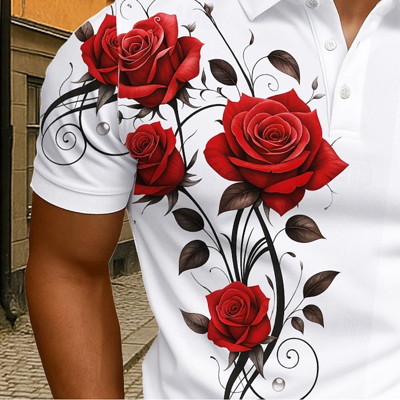 Valentine's Day Men's Rose Polo Short Sleeve Polo Shirts Collared Shirts Casual Athleisure Holiday Vacation Wear Buttons Summer Black White2