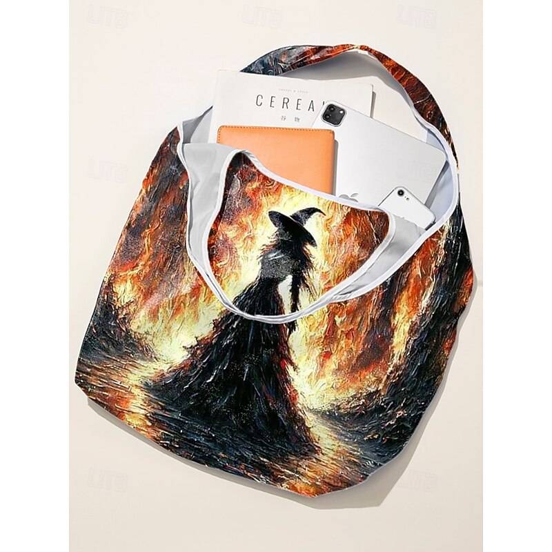 Women's Halloween Witch Print Foldable Reusable Tote – Lightweight Large-Capacity Shoulder Shopping Bag with Reinforced Seams & Washable Fabric for Trick-or-Treat, Parties, Travel & Everyday Use4