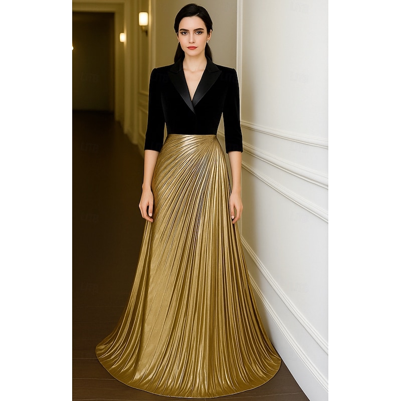 Tuxedo Dress A-Line Formal Wedding Wedding Guest Velvet Elegant Color Block Half Sleeve Floor Length Notched Lapels
