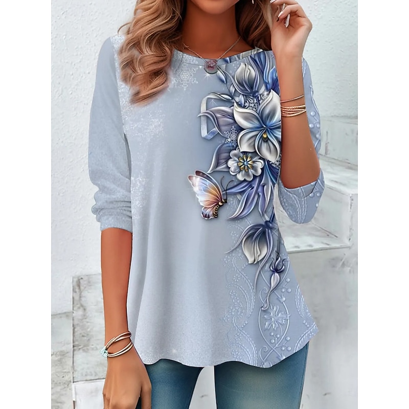 Women's T Shirt Floral Graphic Plants Vintage Fashion Stylish Long Sleeve Crew Neck Round Neck Regular Tops Daily Weekend Print Blue Green Summer Spring Fall