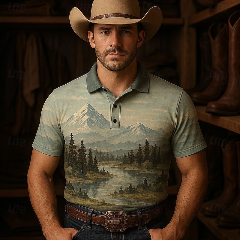Men's Tree Mountain Polo Short Sleeve Polo Shirts Collared Shirts Casual Western Style Outdoor Athleisure 3D Print Summer Blue