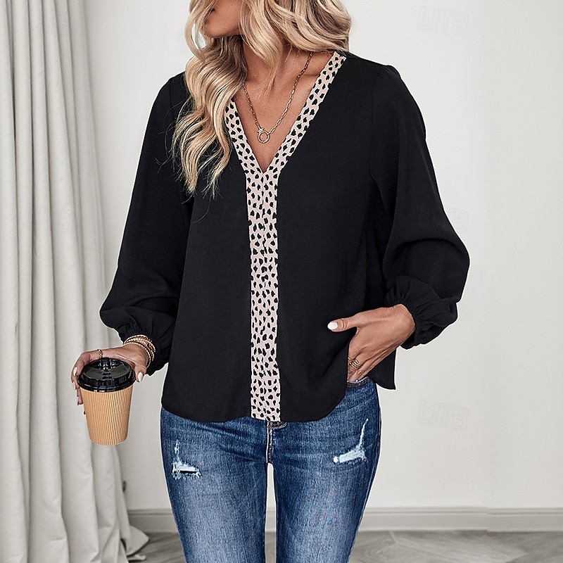 Women's Shirt Leopard Elegant Vintage Daily Long Sleeve Lantern Sleeve V Neck Regular Tops Work Daily Holiday Patchwork Black Spring Fall3