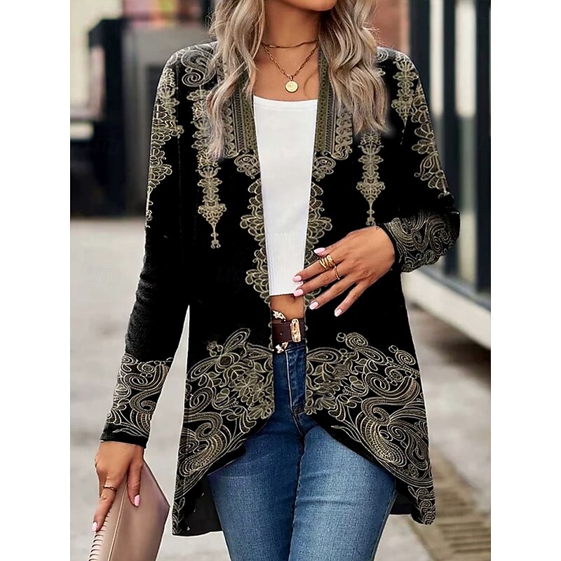 Women's Trench Coat Lightweight Comfortable Print Open Front Vintage Casual Boho Vintage Print Vacation Street Casual Daily Wear Long Collarless Regular Fit Long Sleeve Outerwear Black Spring Fall