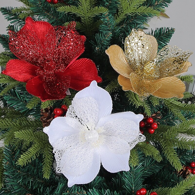 1pc Christmas Poinsettia Artificial Flower, Gold, Red, Yellow, White Faux Floral, Christmas Tree Accessory, Holiday Decoration