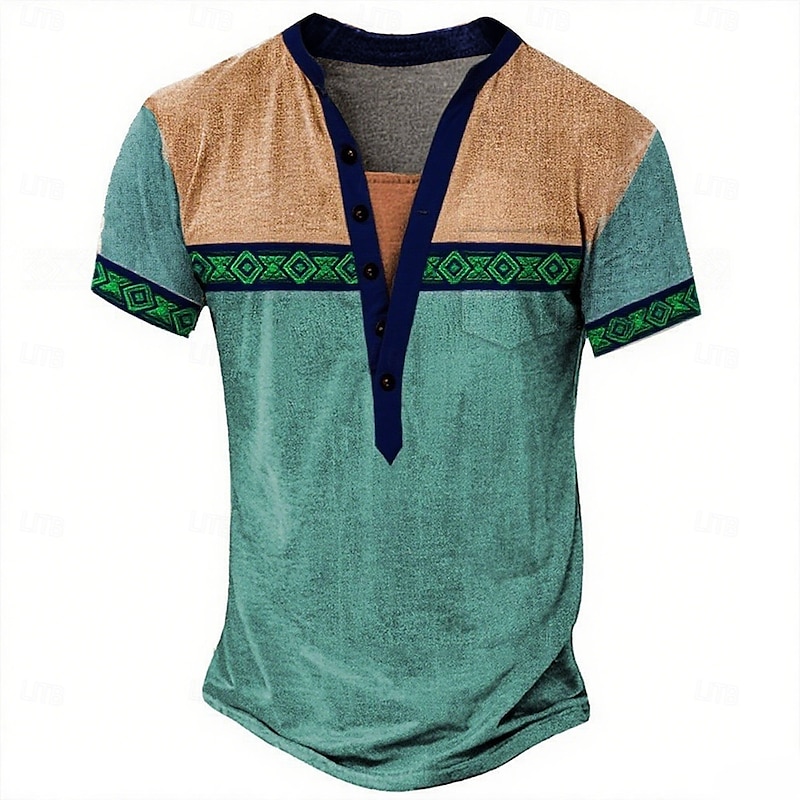 Men's Geometric Tribal Ethnic T Shirt Henley Shirt Tee Short Sleeve Designer Basic Ethnic Outdoor Casual Daily Summer Spring Light Green Henley Henley T-Shirt