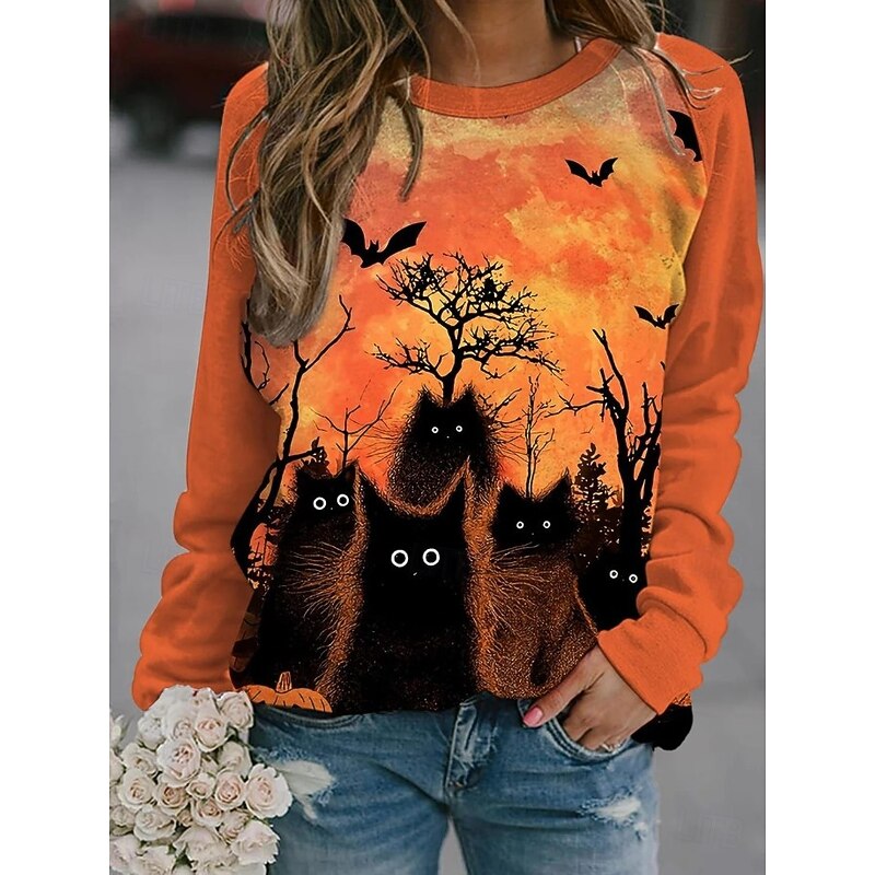 Halloween Women's Pullover Sweatshirt Pumpkin Witch Fashion Casual Long Sleeve Crew Neck Regular Tops Casual Print Black White Yellow Orange Summer Spring Fall